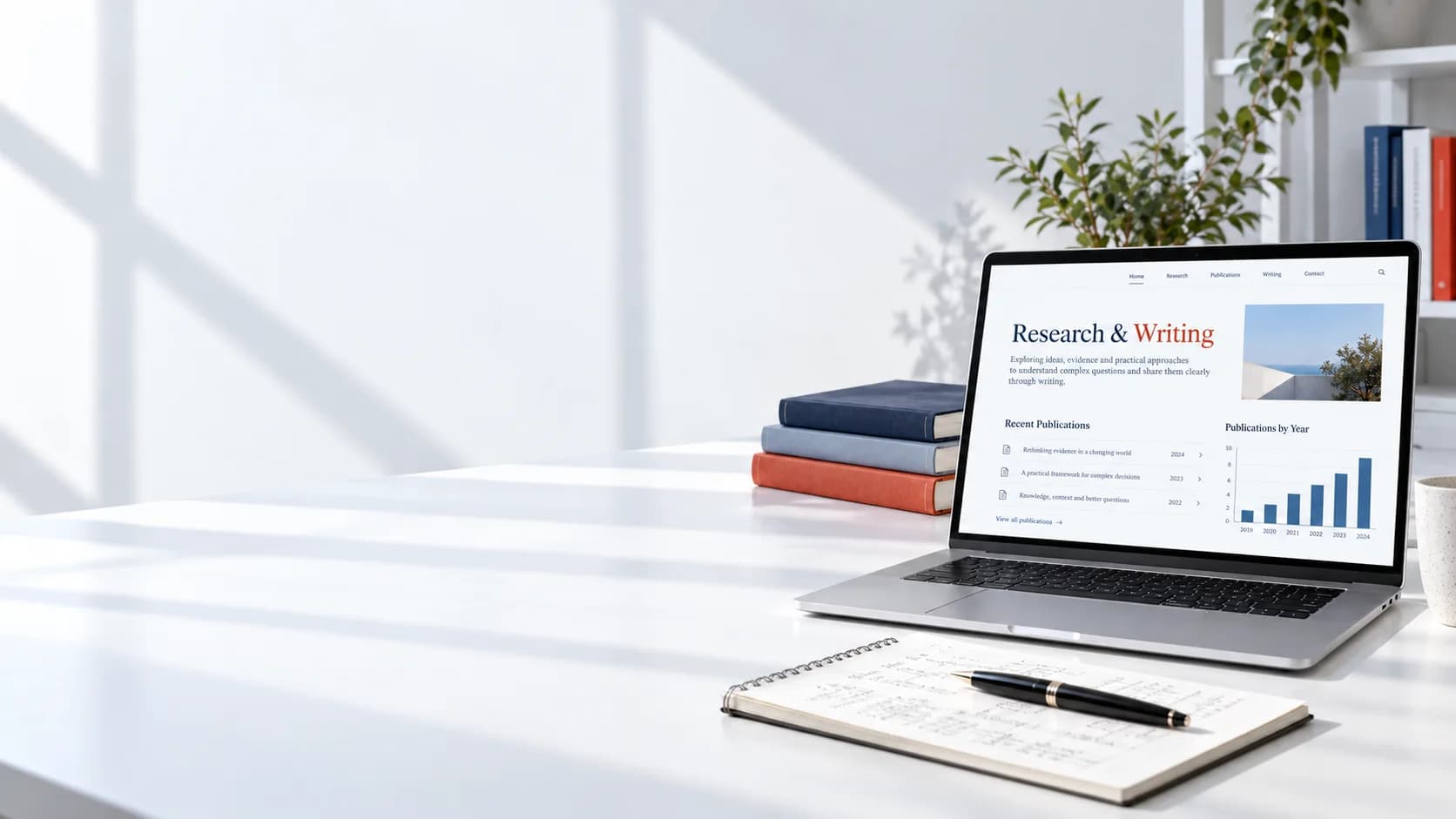 Illustrative author website displayed on a laptop beside books and a research notebook